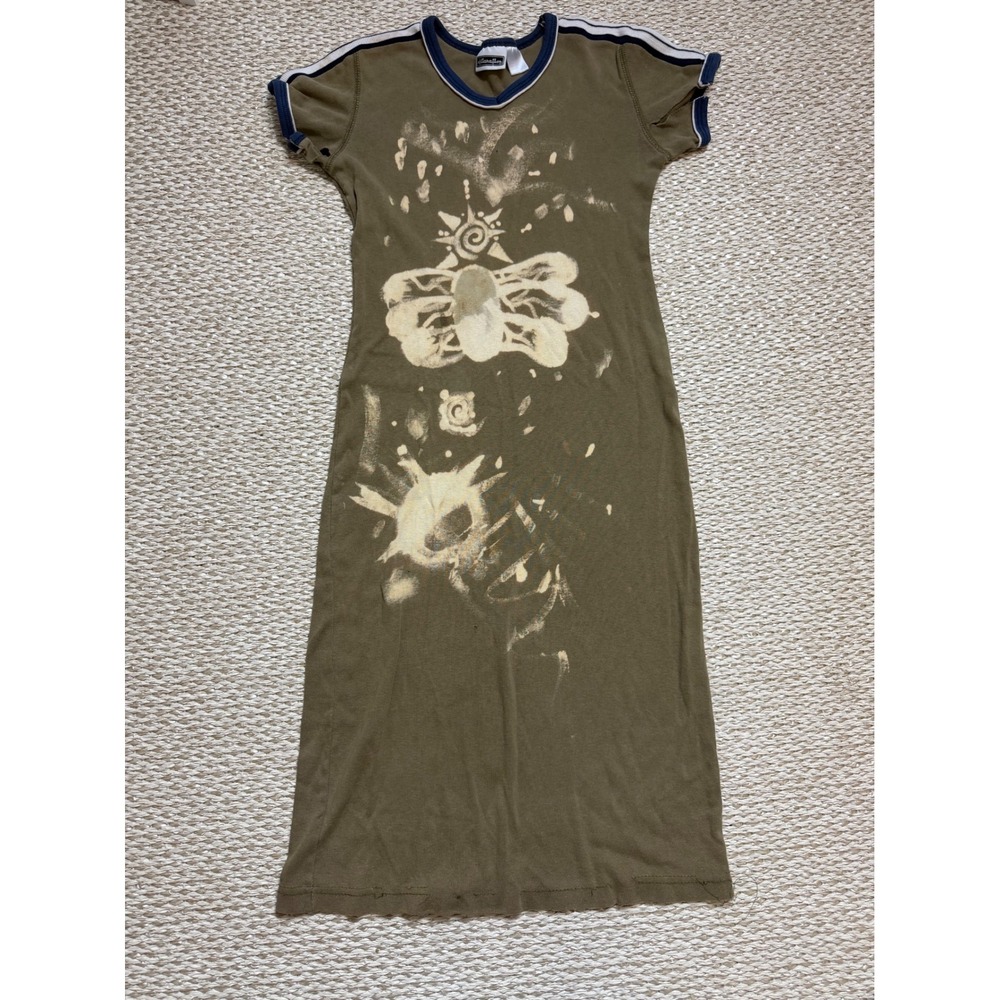 Vintage Xhilaration‎ Olive Green Bleach Graphic Ringer Midi Dress 90s Grunge S/M